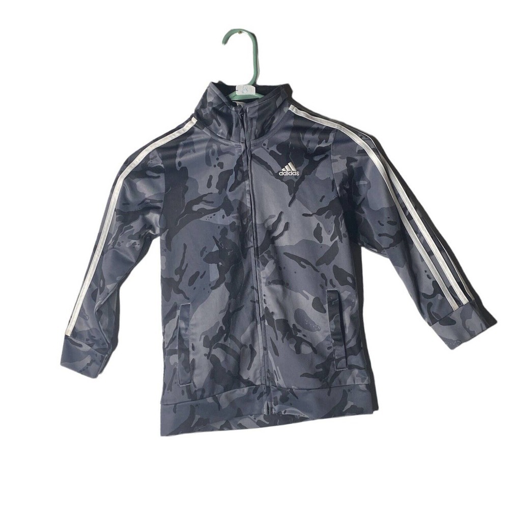 Adidas Boys Sz 7 Track Jacket Youth Full Zip Camo Lightweight Running Top Gray